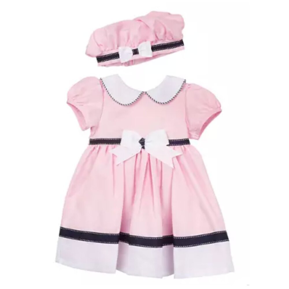 Girls Pink Nautical-Inspired Bow Dress With Matching Hat New With Tags